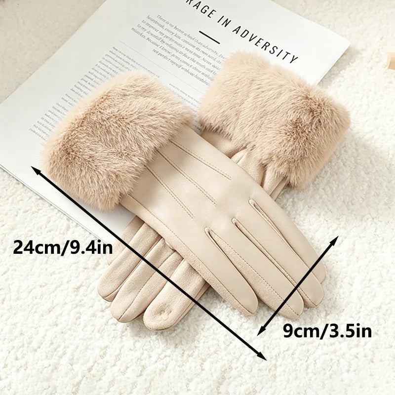 Women's Leather Gloves with Faux Fur Cuff, Touchscreen Winter Warmth