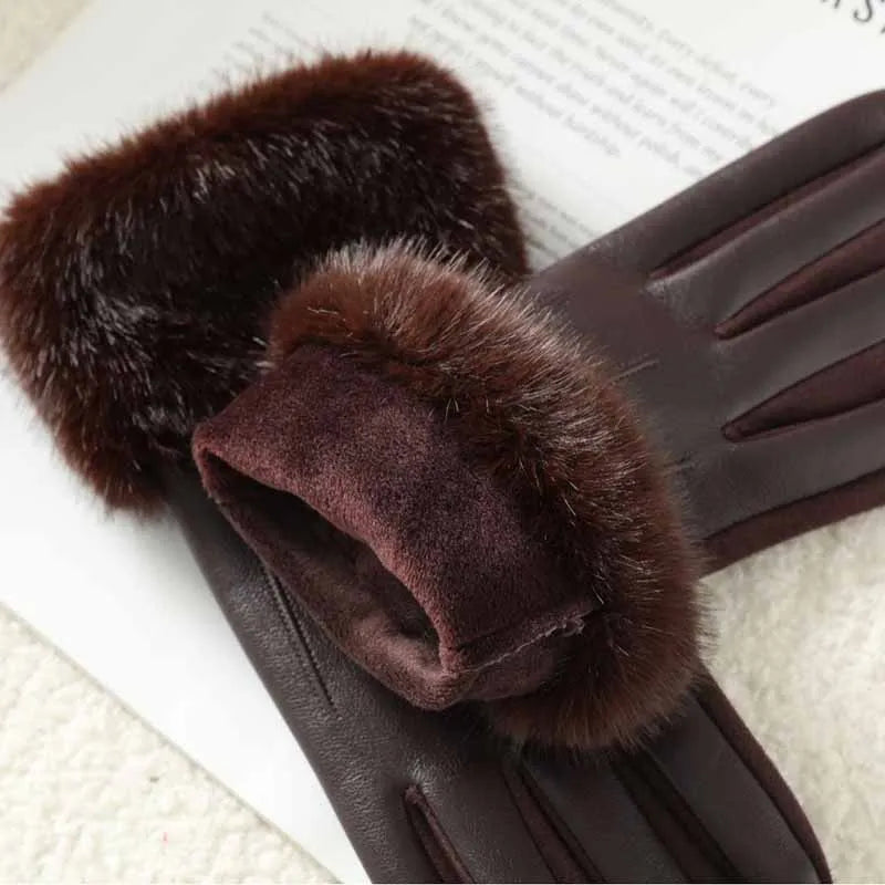 Women's Leather Gloves with Faux Fur Cuff, Touchscreen Winter Warmth