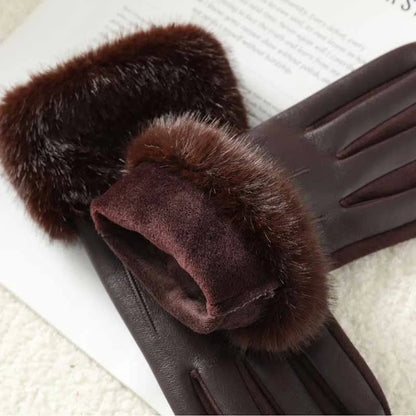 Women's Leather Gloves with Faux Fur Cuff, Touchscreen Winter Warmth