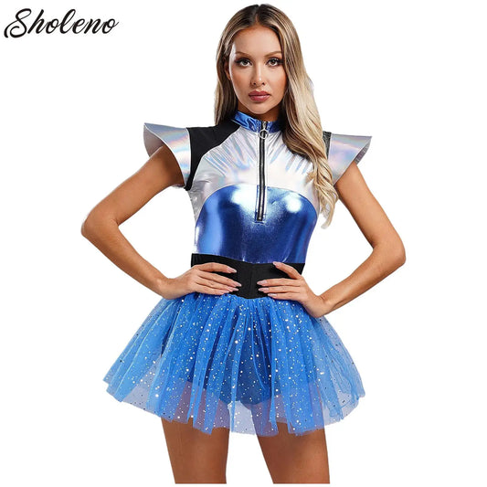 Women’s Astronaut Costume Silver Jumpsuit with Tulle Skirt