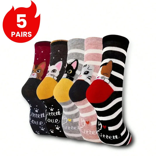 Women's Crew Socks with Cat Patterns, 5 Pairs