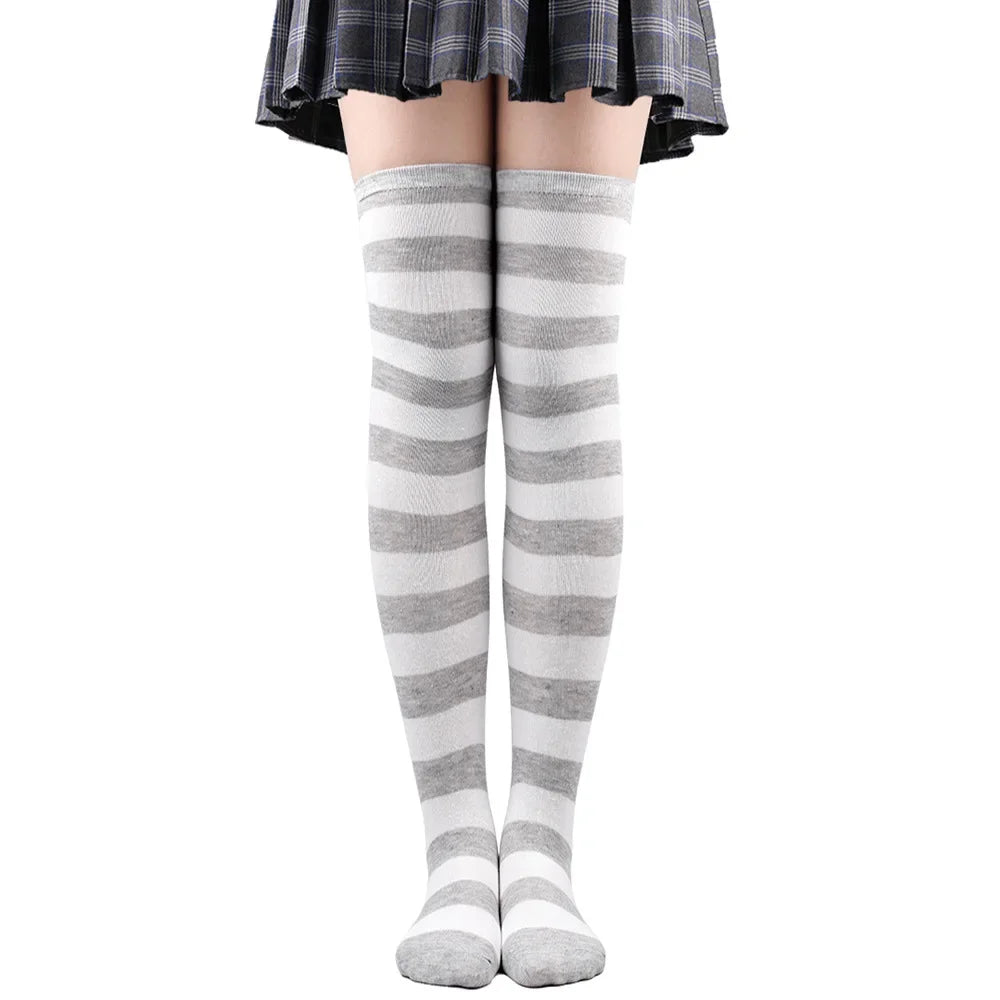 Women's Striped Thigh High Stockings – Black, White & Pink
