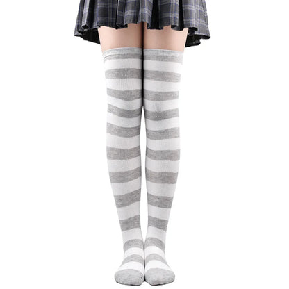 Women's Striped Thigh High Stockings – Black, White & Pink