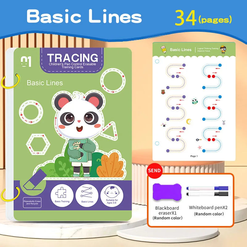 Reusable Tracing Workbook for Kids with Pen and Eraser, 34 Pages