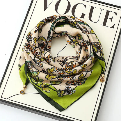 Silk Scarf for Women with Magnetic Buckle, Printed Square Design