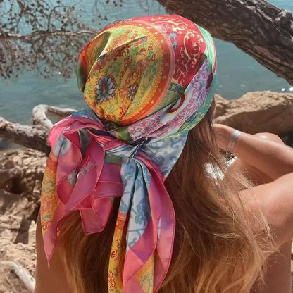 Women's Square Scarf – Satin Print Hair & Head Wrap 90×90cm