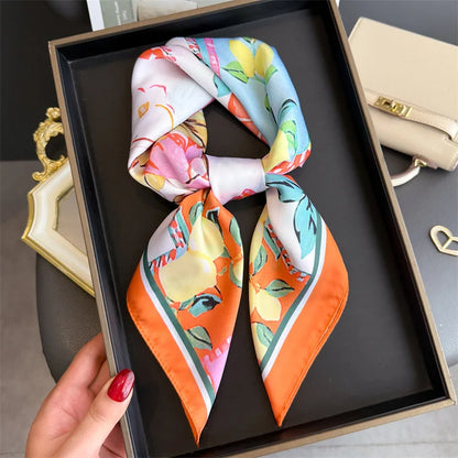 Silk Square Scarf 70x70cm Floral Satin Wrap for Women