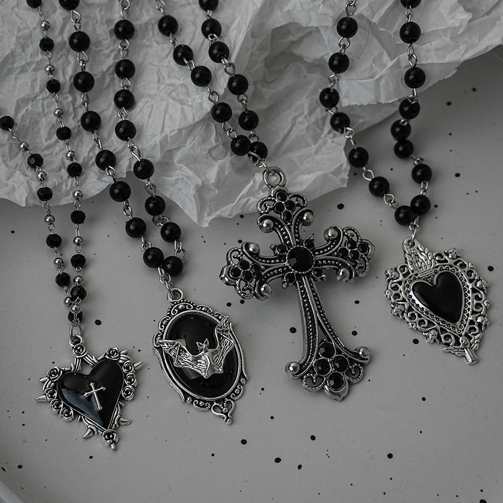 Gothic Pendant Necklace, Y2K Beaded Heart Design for Unisex Style