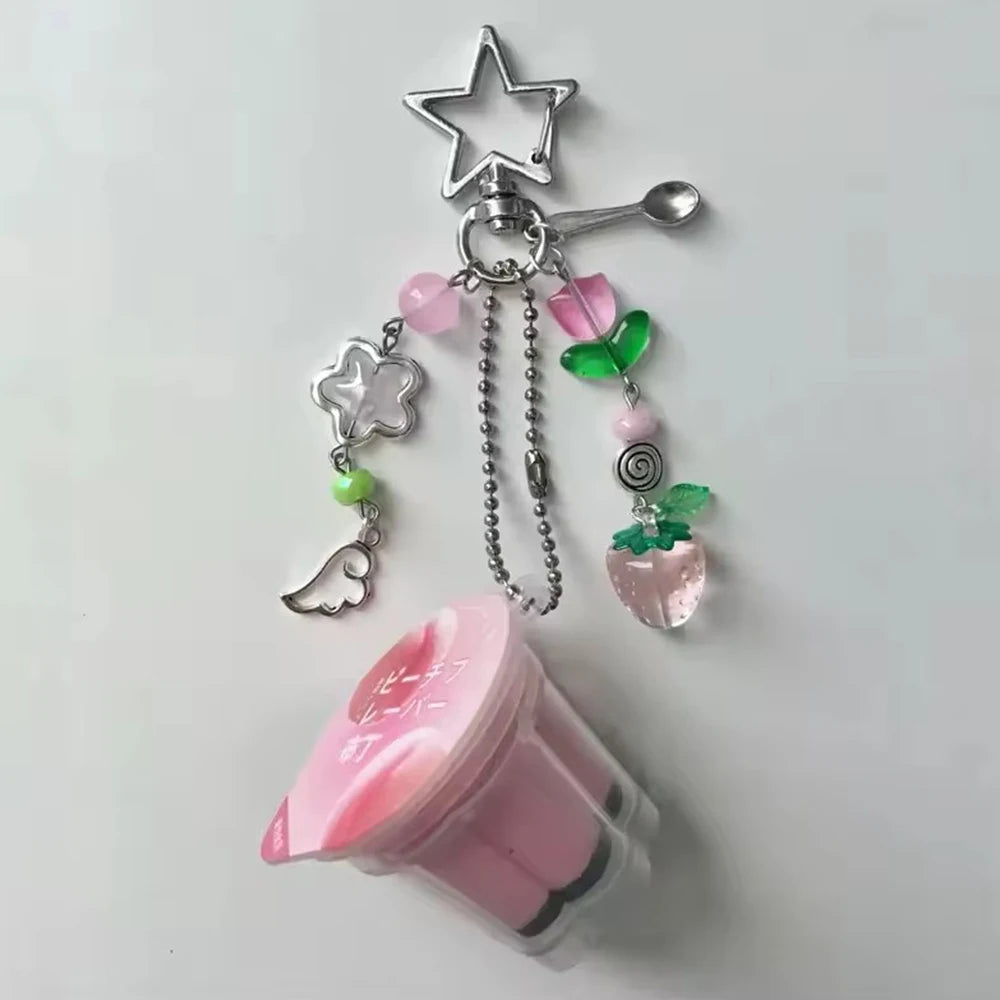 Pudding Keychain Pink Yellow Beaded Retro Bag Charm