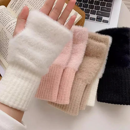 Women's Fingerless Gloves, Plush Warm Knitted Winter Mittens