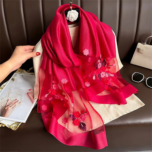 Women’s Silk Feel Scarf, Floral Embroidery Headscarf
