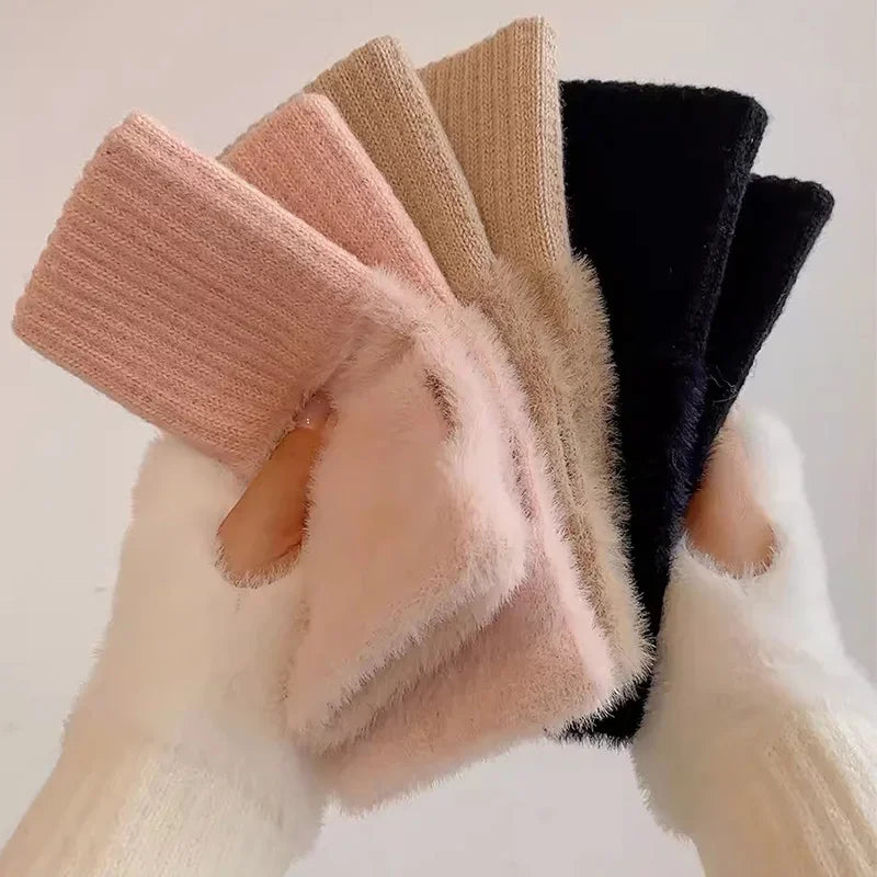 Women's Fingerless Gloves, Plush Warm Knitted Winter Mittens