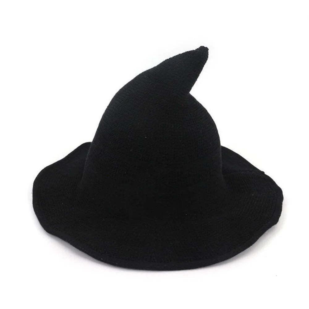 Halloween Witch Hat Long Point Knitted Cap with Wide Brim for Adults