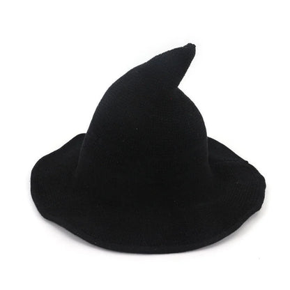 Halloween Witch Hat Long Point Knitted Cap with Wide Brim for Adults