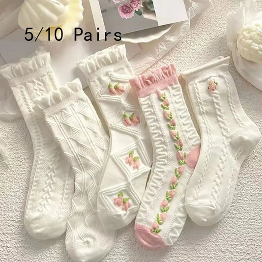 Women's Lace Socks Ruffled Floral Mid Tube 5-Pair Set