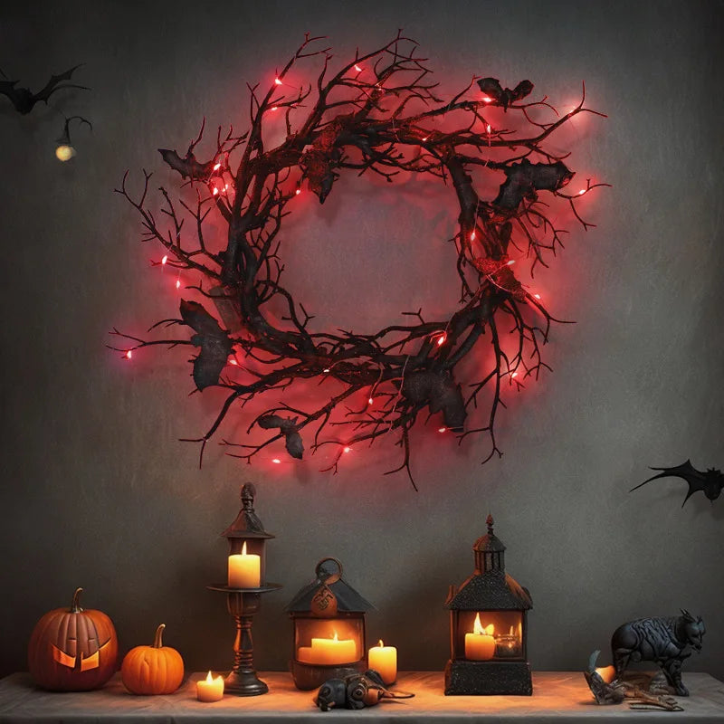 Halloween Bat Wreath with LED Light, Black Branch Door Decor