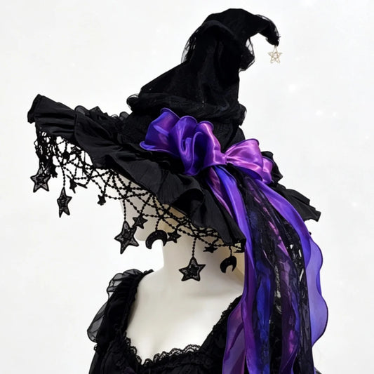 Halloween Witch Hat, Lace Velvet Hat with Moon Pendant