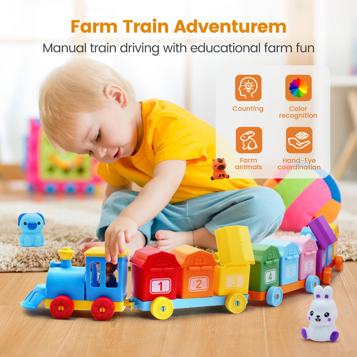 Montessori Farm Train Toy for Counting, Matching and Fine Motor Skills