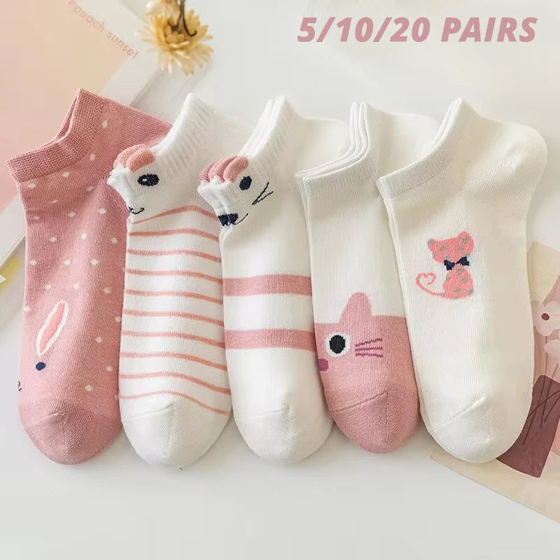 Women's Boat Socks Cute Cat Pattern Low Cut 5 Pairs