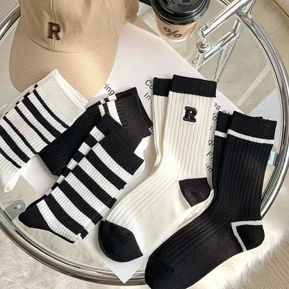 Women's Mid Calf Socks Striped Crew Socks 5-Pair Set