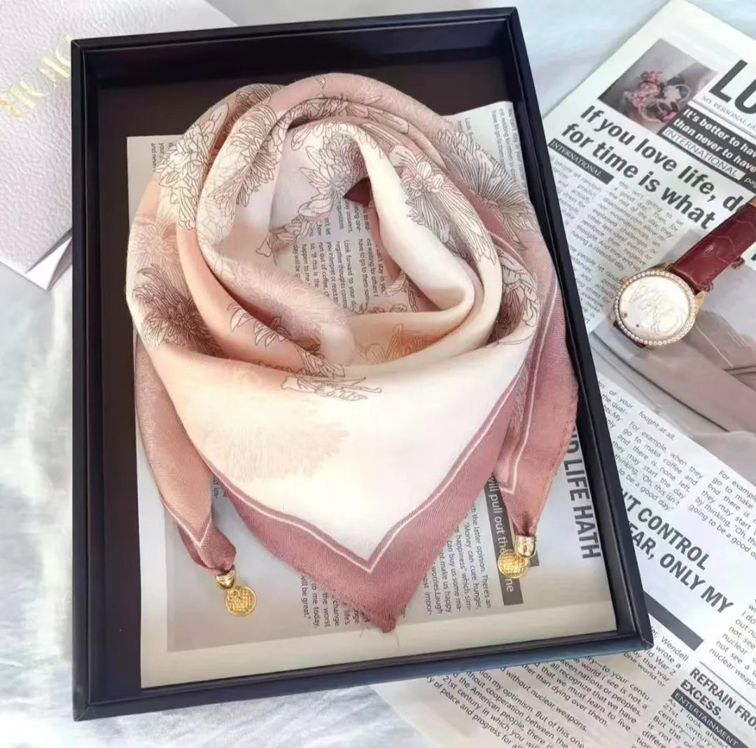 Silk Scarf for Women with Magnetic Buckle, Printed Square Design