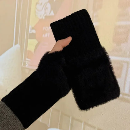 Women's Fingerless Gloves, Plush Warm Knitted Winter Mittens