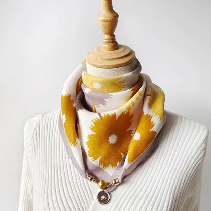 Silk Scarf for Women with Magnetic Buckle, Printed Square Design
