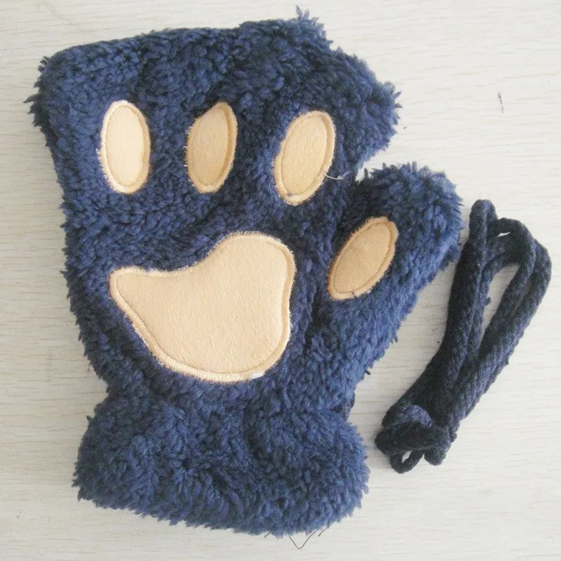 Fingerless Plush Gloves Warm Animal Paw Mittens for Adults