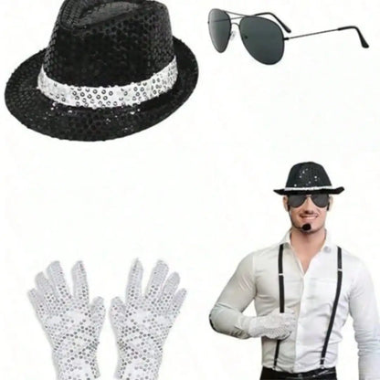 Sequin Fedora Costume Set – Hat, Rhinestone Gloves & Sunglasses