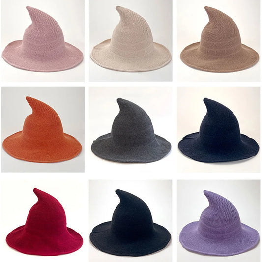 Halloween Witch Hat Long Point Knitted Cap with Wide Brim for Adults