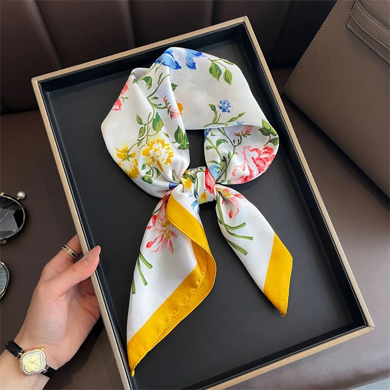 Silk Square Scarf 70x70cm Floral Satin Wrap for Women
