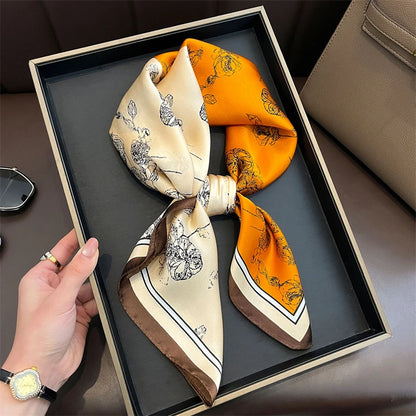 Silk Square Scarf 70x70cm Floral Satin Wrap for Women