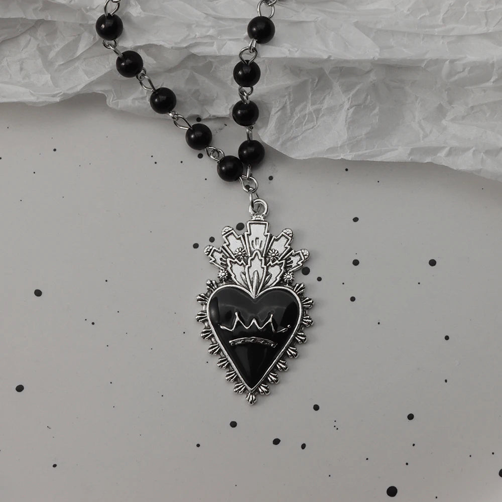 Gothic Pendant Necklace, Y2K Beaded Heart Design for Unisex Style