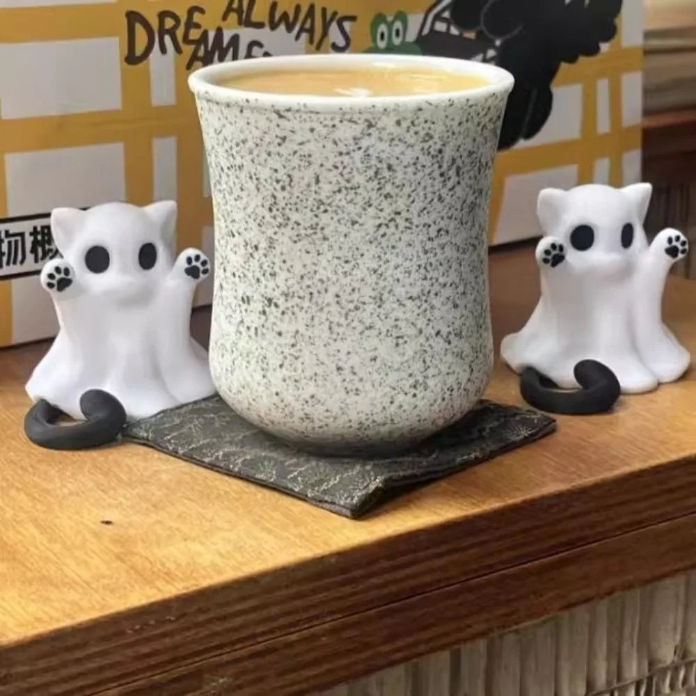 Cat Ghost Halloween Ornament, Mini PVC Figurine for Desktop Decor