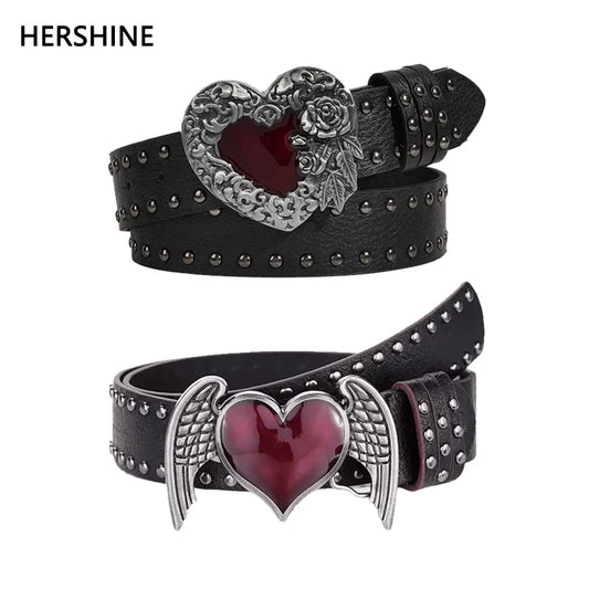 Y2K Punk Belt, Rose Heart Rivet PU Belt for Women
