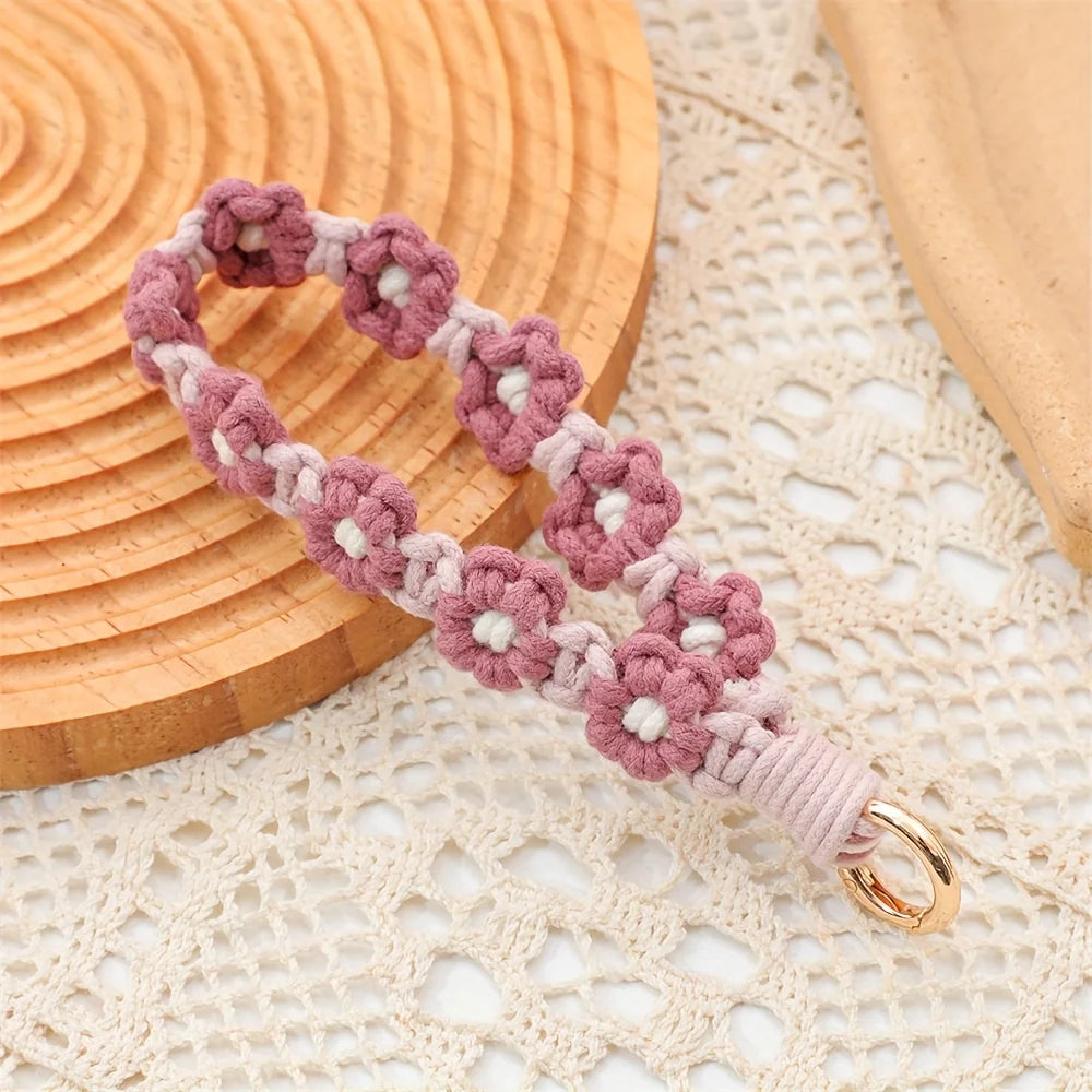 Macrame Keychain Floral Wristlet for Keys, Bags and Phone