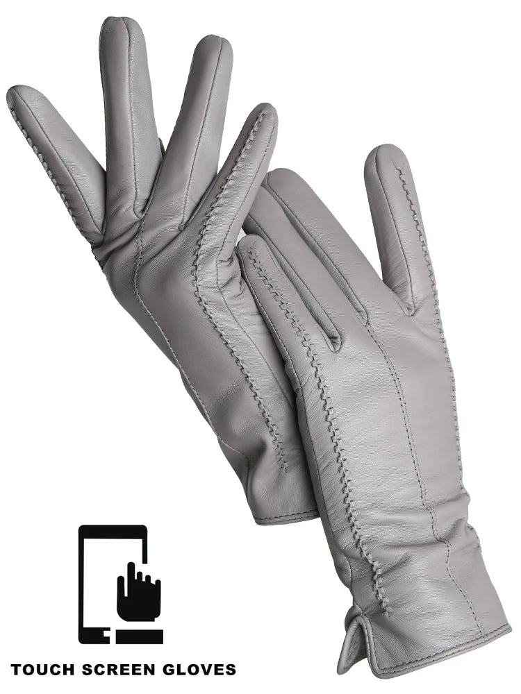 Women's Leather Winter Gloves, Sheepskin Touch Screen Driving