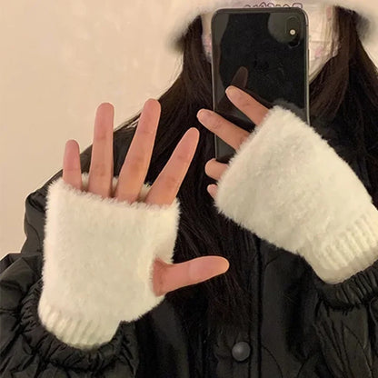 Women's Fingerless Gloves, Plush Warm Knitted Winter Mittens