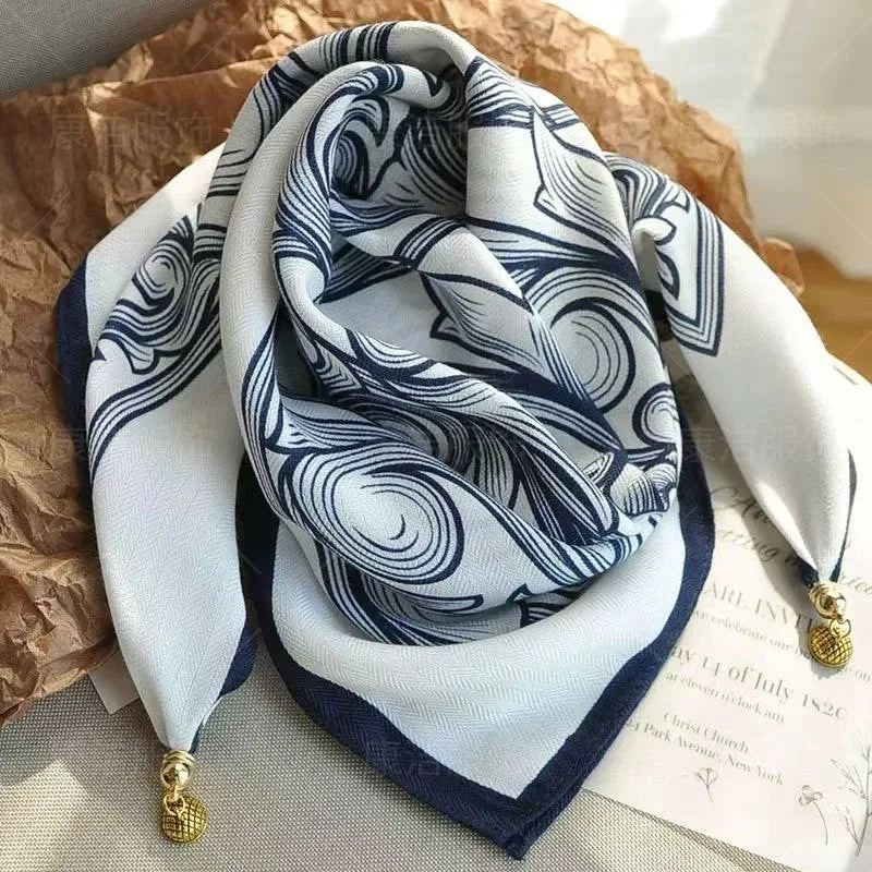 Silk Scarf for Women with Magnetic Buckle, Printed Square Design