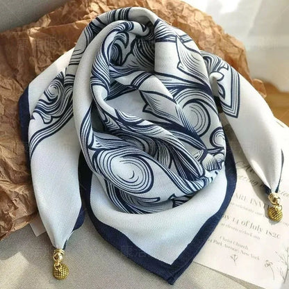Silk Scarf for Women with Magnetic Buckle, Printed Square Design