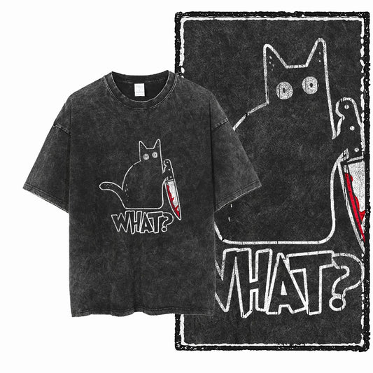 Cat Graphic T-Shirt for Men Acid Wash Vintage Streetwear Tee