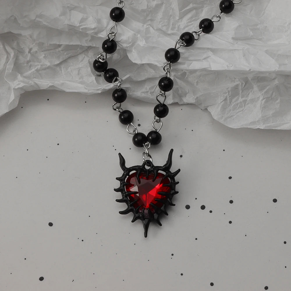 Gothic Pendant Necklace, Y2K Beaded Heart Design for Unisex Style