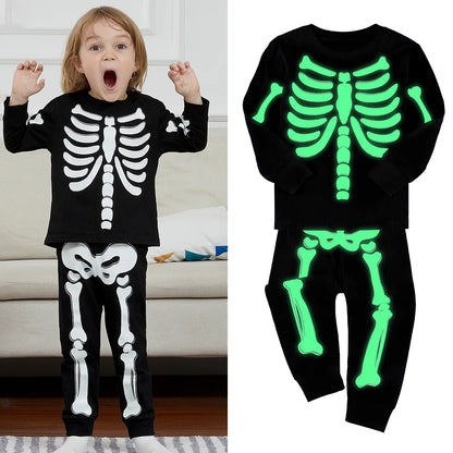 Kids Skeleton Costume Halloween Skull Pajamas Top and Pants Set