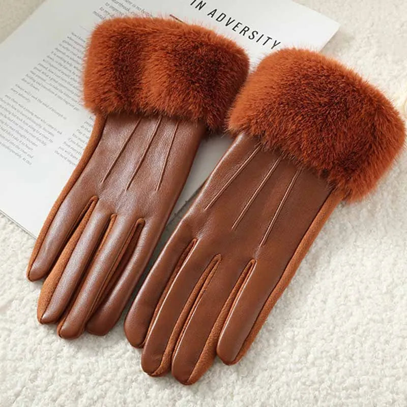Women's Leather Gloves with Faux Fur Cuff, Touchscreen Winter Warmth