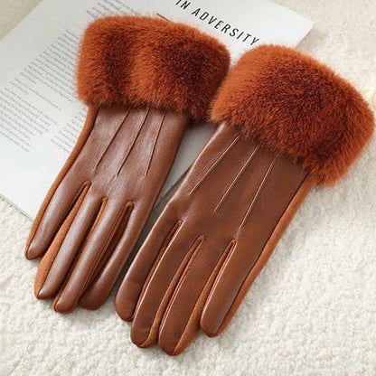 Women's Leather Gloves with Faux Fur Cuff, Touchscreen Winter Warmth