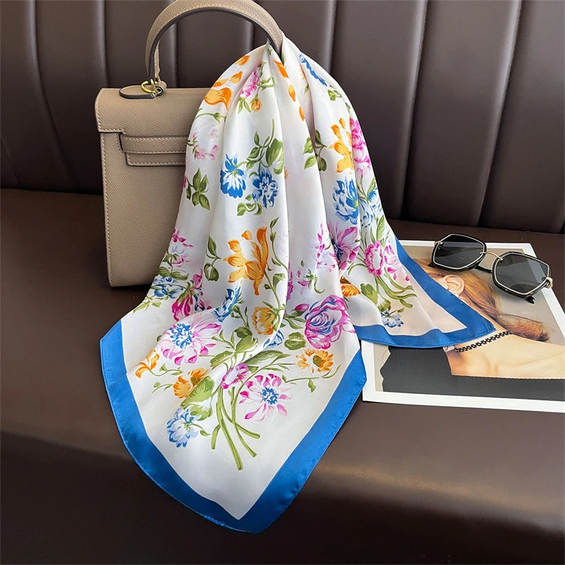 Silk Square Scarf 70x70cm Floral Satin Wrap for Women