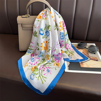 Silk Square Scarf 70x70cm Floral Satin Wrap for Women