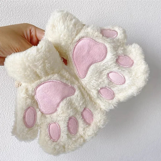 Fingerless Plush Gloves Warm Animal Paw Mittens for Adults