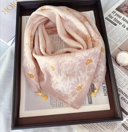 Silk Scarf for Women with Magnetic Buckle, Printed Square Design