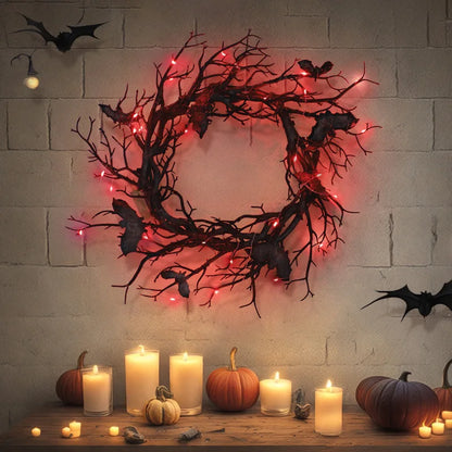 Halloween Bat Wreath with LED Light, Black Branch Door Decor